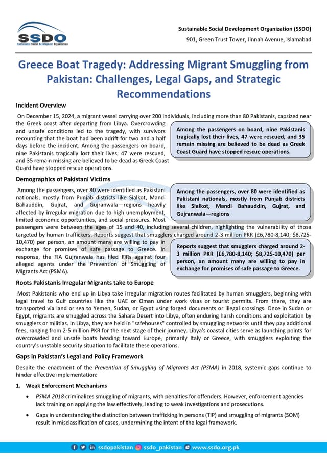 Greece Boat Tragedy: Addressing Migrant Smuggling from Pakistan: Challenges, Legal Gaps, and Strategic Recommendations